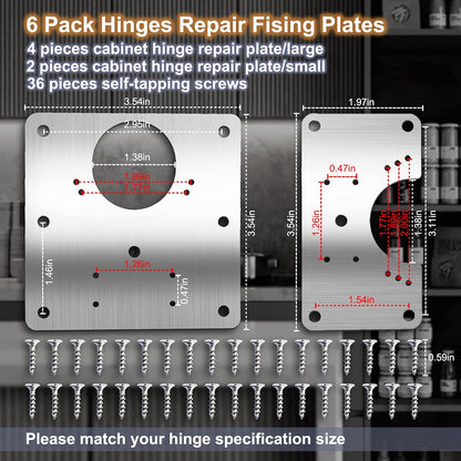 Cabinet Hinge Repair Plate, Hinges Repair Fixing Plate Cabinet Repair Board | 6 Pcs Stainless Steel Hinge Repair Brackets Kit,Kitchen Cupboard Door Hinge Repair Plate Kit with Screws Small Universal