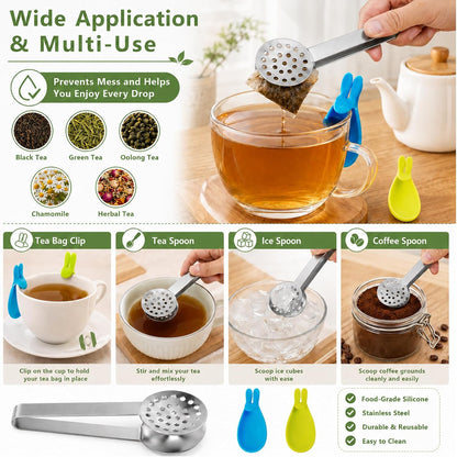 1 Pcs 6 inch Tea Bag Squeezer,With 2pcs Bunny Silicone Tea Tongs | Silicone Tea Bag Holder,Durable Stainless Steel Tea Bag Strainer Clips Herb Or Sugar Ice Cube For Kitchen Bar Tools