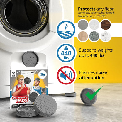 Slim Fit Grey Anti Vibration Pads for Washing Machine, 4 Pack | Only 0.60in thick, fits feet up to 1.98in. Works as washer & dryer leveling pads or stabilizer mat, multi-layer rubber