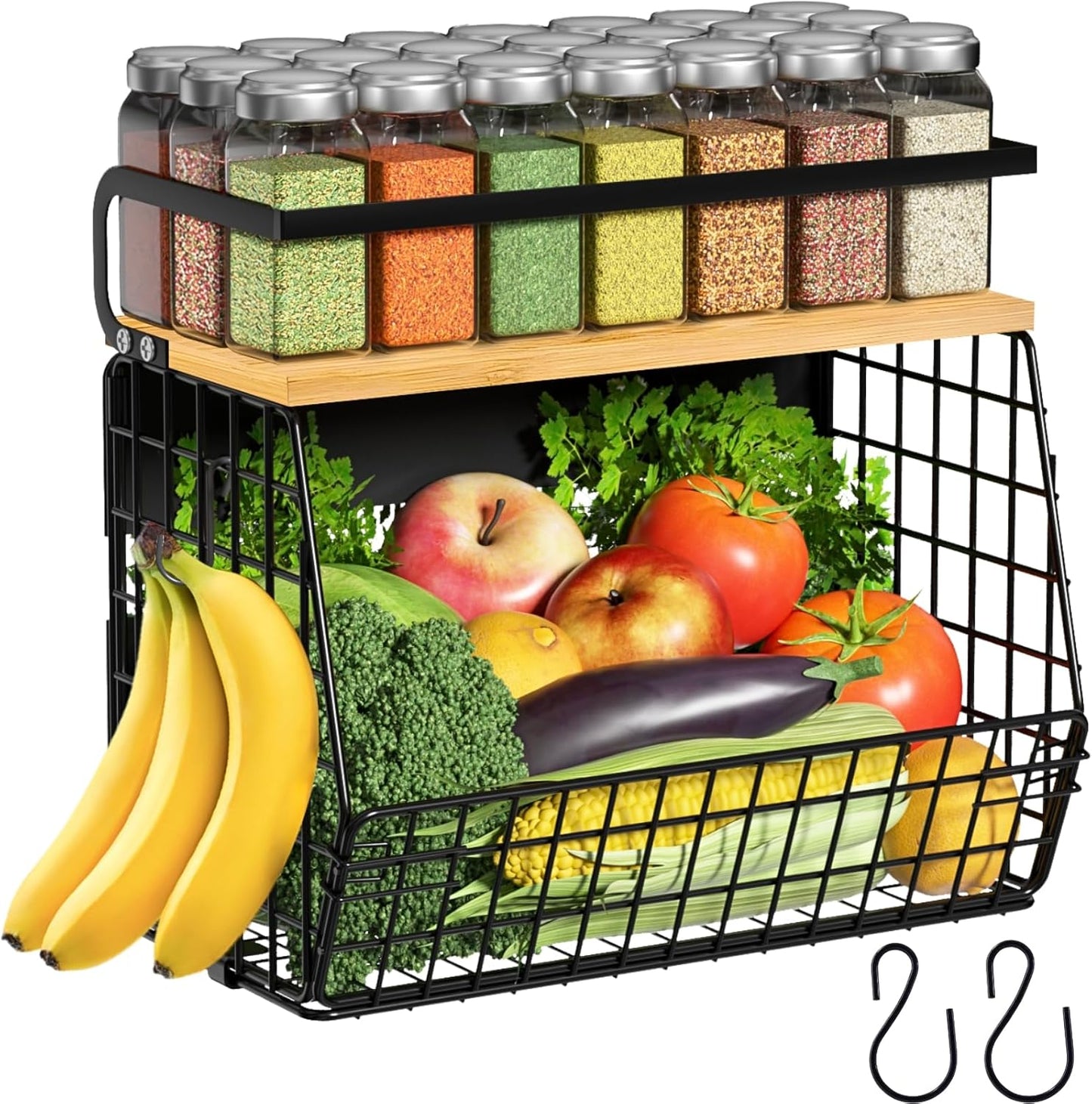 Magnetic Shelf for Fridge with Wood Lid, Fruit Potato and Onion Storage Bins, Pantry Organizers & Storage, Large Container Magnetic Spice Rack for Refrigerator, Kitchen Counter, Cabinet | Strong magnet holds 50lbs, ventilated bin for produce, versatile