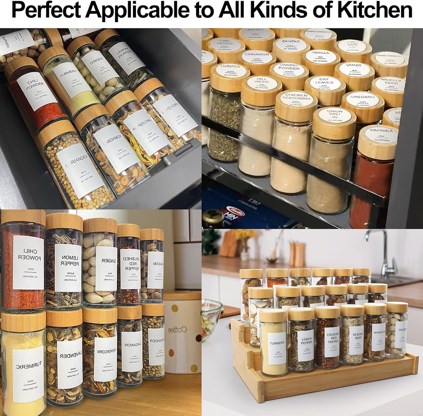 Glass Spice Jars with Bamboo Lid & 398 Label for Cabinet & Drawer Organizer | 24 pcs 4 fl oz Square Spice Bottles With Shaker Lids,Airtight Spice Containers Keep Fresh,Seasoning Containers Organization