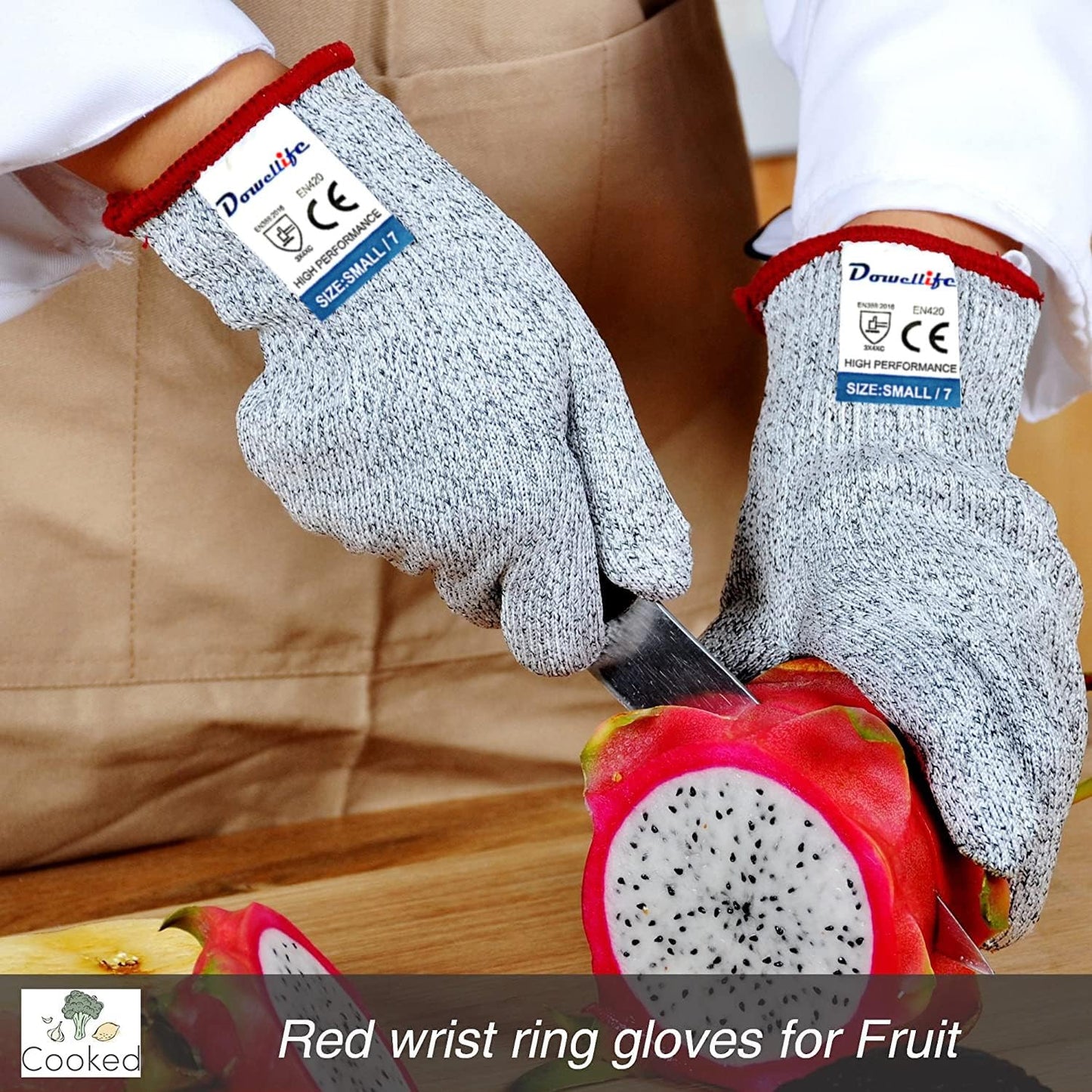 Dowellife Cut Resistant Gloves Food Grade Level 5 Protection, Safety Kitchen Cuts Gloves for Oyster Shucking, Fish Fillet Processing, Mandolin Slicing, Meat Cutting and Wood Carving. (X-Large)