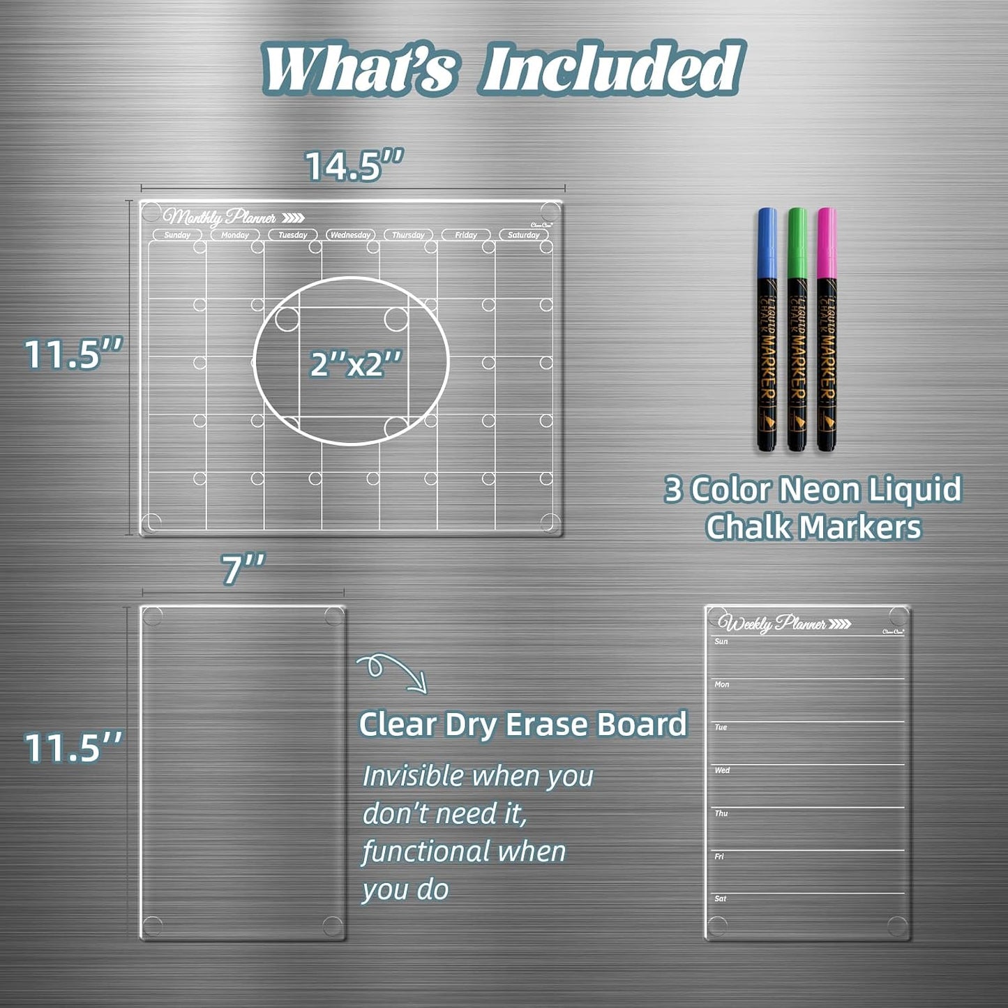 Clear Non-Magnetic Calendar Set for Fridge - Dry Erase Transparent Monthly and Weekly Calendar, List and Blank Whiteboard - Sticks to Wall, Glass, Door, Any Smooth Surfaces