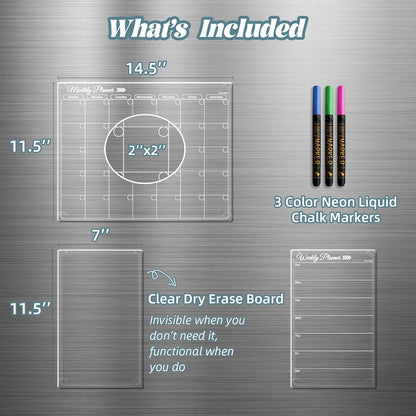 Clear Non-Magnetic Calendar Set for Fridge - Dry Erase Transparent Monthly and Weekly Calendar, List and Blank Whiteboard - Sticks to Wall, Glass, Door, Any Smooth Surfaces