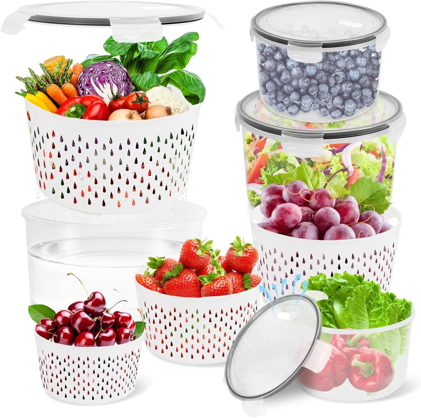 TBMax Fruit Storage Containers for Fridge Organizers and Storage, 4 Pack Large Produce Saver with Airtight Lid & Colander for Berry Lettuce Salad Vegetable Storage, Refrigerator Organizers