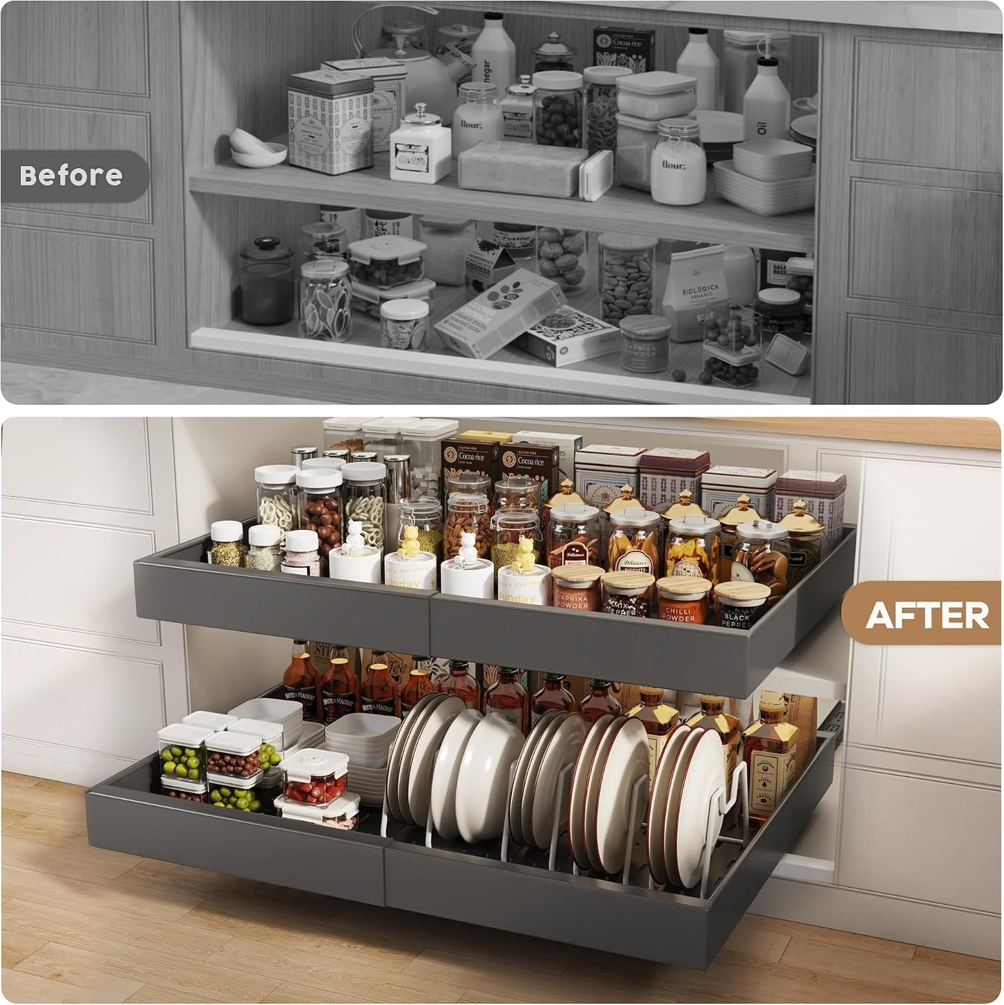 Seinloes 2Pack Pull out Cabinet Organizer 21"Deep with 4 Adjustable Dividers,Expandable（12.1"-20.4"W） Pots and Pans Organizer Under Cabinet with Raising Pad for Framed Cabinets,Slide out Drawers,White