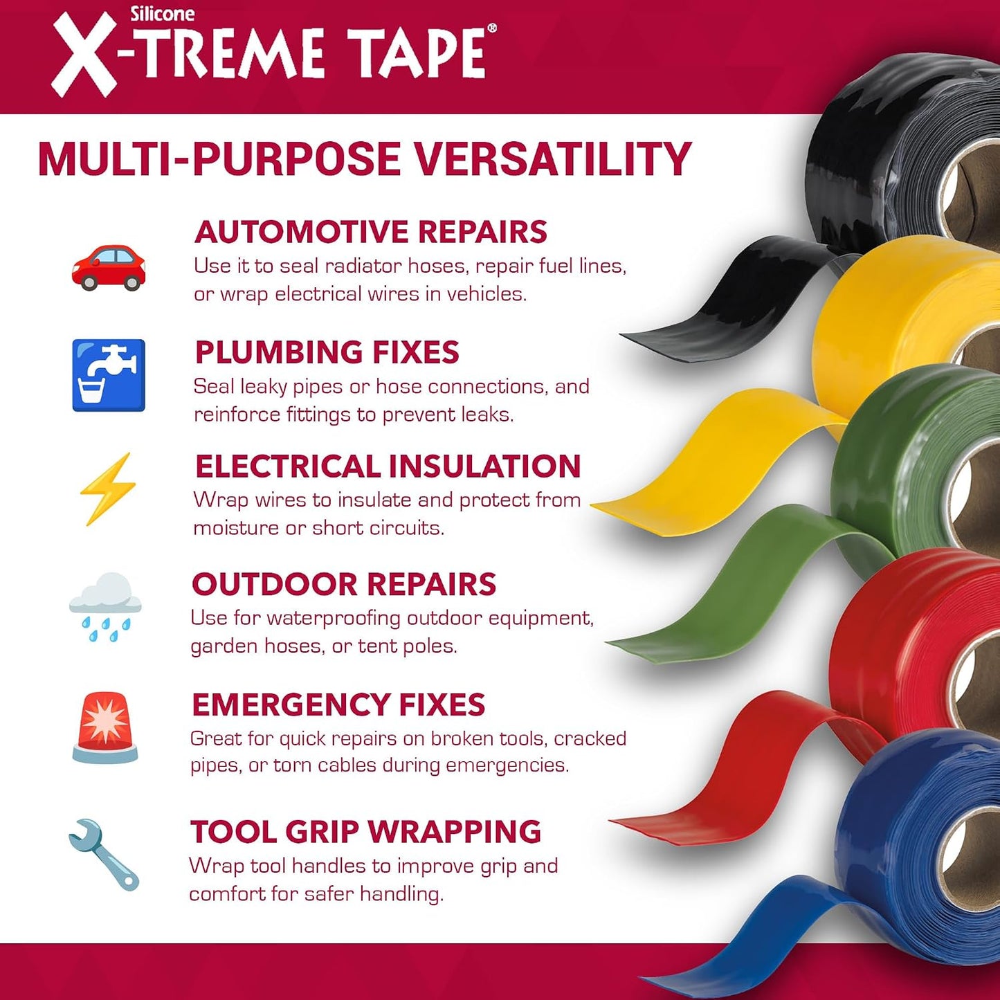 X-Treme Tape Self Fusing Silicone Tape - 1" x 10 Ft Roll - White | Heavy Duty Rubber Electrical Tape, Waterproof, For Automotive, Hose, Pipe, Outdoor & Emergency Repairs, Insulating, Flexible