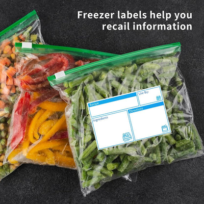 100pcs Labels for Freezer Bags Freezer Meal Labels with Instructions 3.2 X 5 inch Oil and Water Resistant Labels Food Labels for Freezer Storage for Leftovers in Fridge Removable Freezer (Blue)