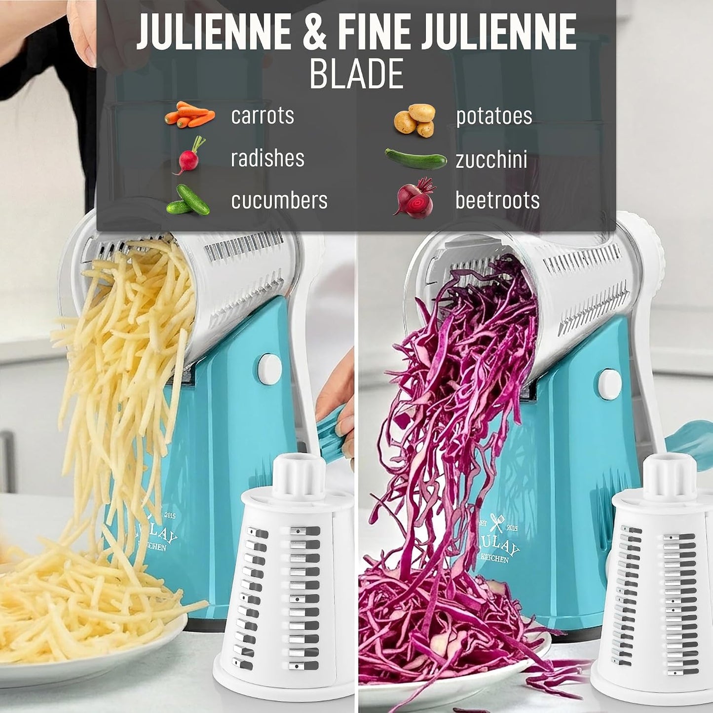 Zulay Kitchen Rotary Cheese Grater 5 Blade Cheese Shredder - Manual Hand Crank Cheese Grater With Reinforced Suction & 5 Interchangeable Drums - Easy to Use, Vegetable Chopper Round Mandoline Slicer - Colors B