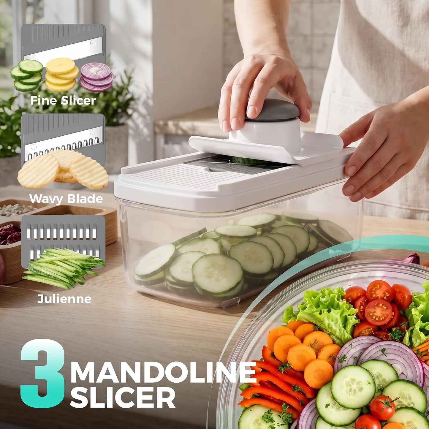 HAUSHOF 9-in-1 Vegetable Chopper & Mandoline Slicer, 7 Blades, Drain Basket | Food and Veggie Chopper and Dicer, Grater, Kitchen Prep Tool with Container, Safety Holder, Interchangeable Blades