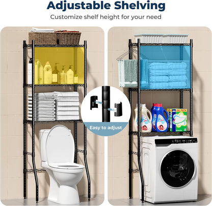 Laundry Room Storage Shelf & Organizer, 2 Tier Metal Over Washer and Dryer Shelves, Washing Machine Shelf with Hanger Rod, Expandable Bathroom Space Saver Shelf, 26–37" L x 15.8" W x 59.5" H, Black