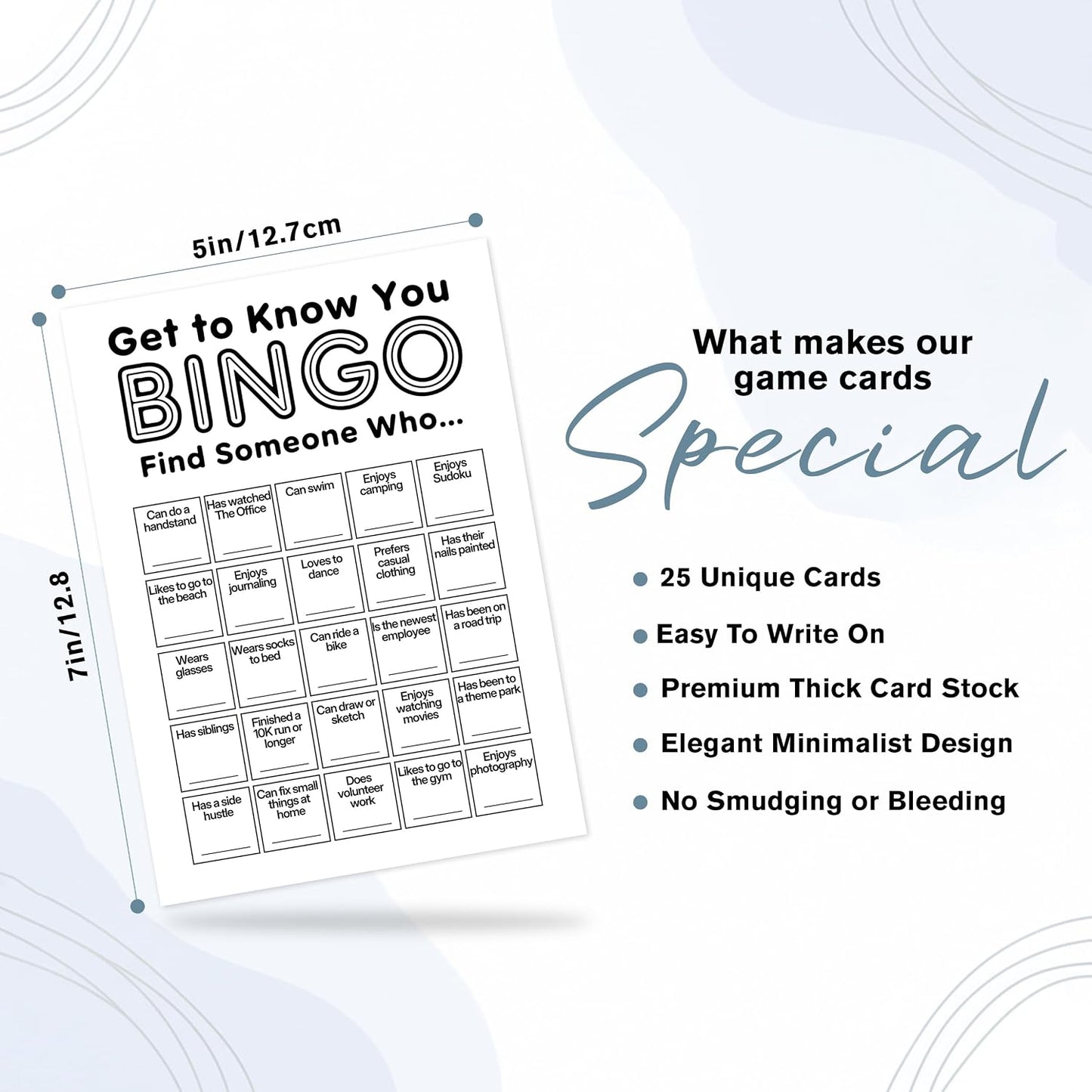 Find Someone Who Bingo Cards, 25 Unique Randomized 5x7 Sheets, Get to Know You Bingo Game for Adults, Ice Breaker Office Party Games, Team Building Games for Work, High Replay Value - A05