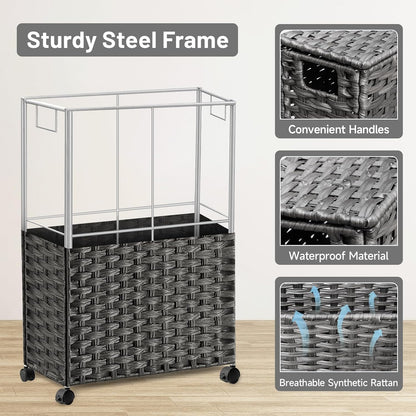 70L Slim Laundry Hamper with Lid & Wheels, Rolling Laundry Basket with 2 Removable Liner Bags & 3 Mesh Bags, Narrow Dirty Clothes Basket, Foldable Handwoven Rattan Laundry Sorter, Brown
