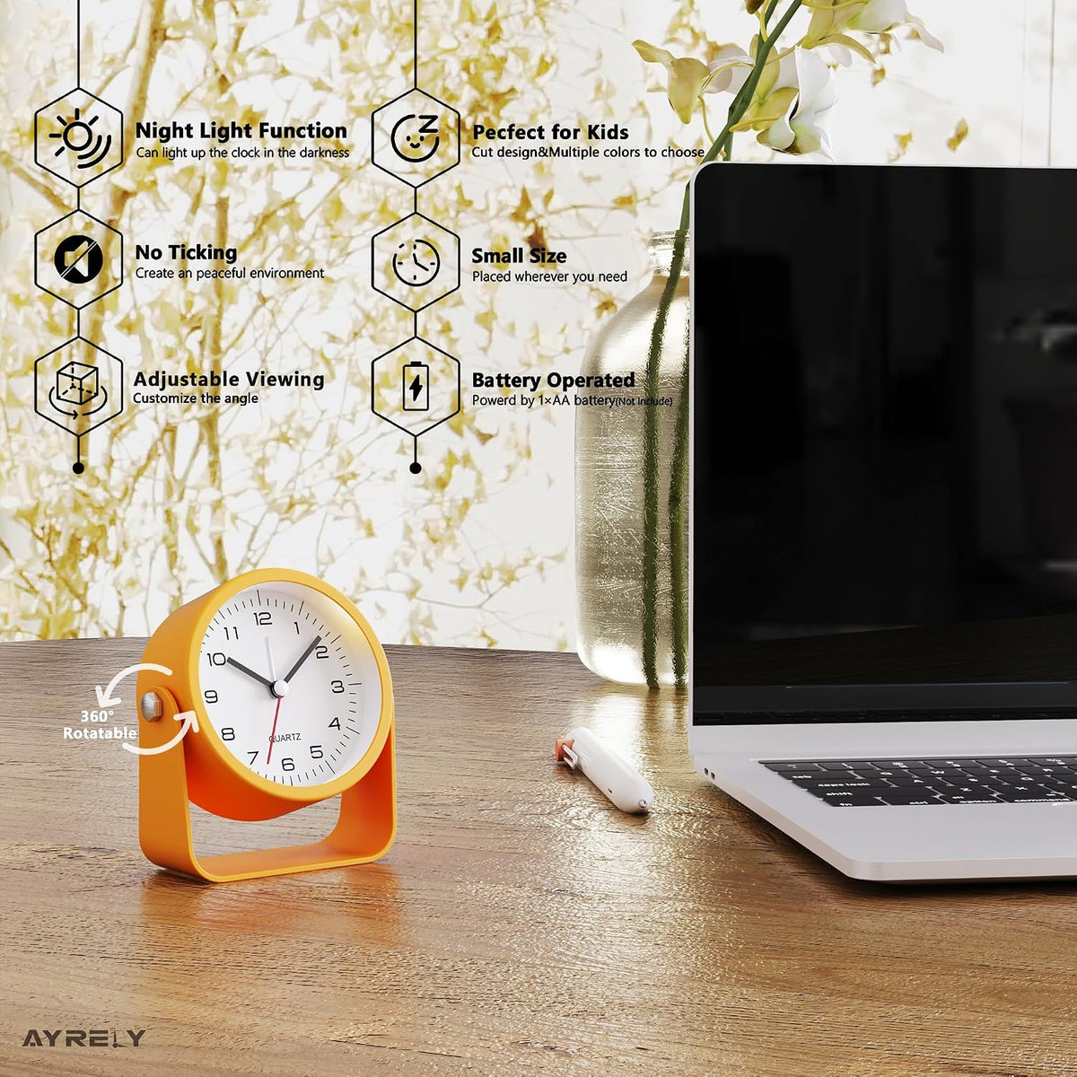 AYRELY® 3.5" Small Analog Travel Alarm Clock, Battery Operated Desk Clock