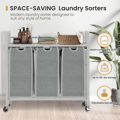 SwaaVee Laundry Sorter, Laundry Hamper 3 Section, 3×11.4Gal, Metal Frame Rolling Laundry Basket with Wooden Top Shelf, Pull out and Removable Laundry Bags, 3 Bags-Black