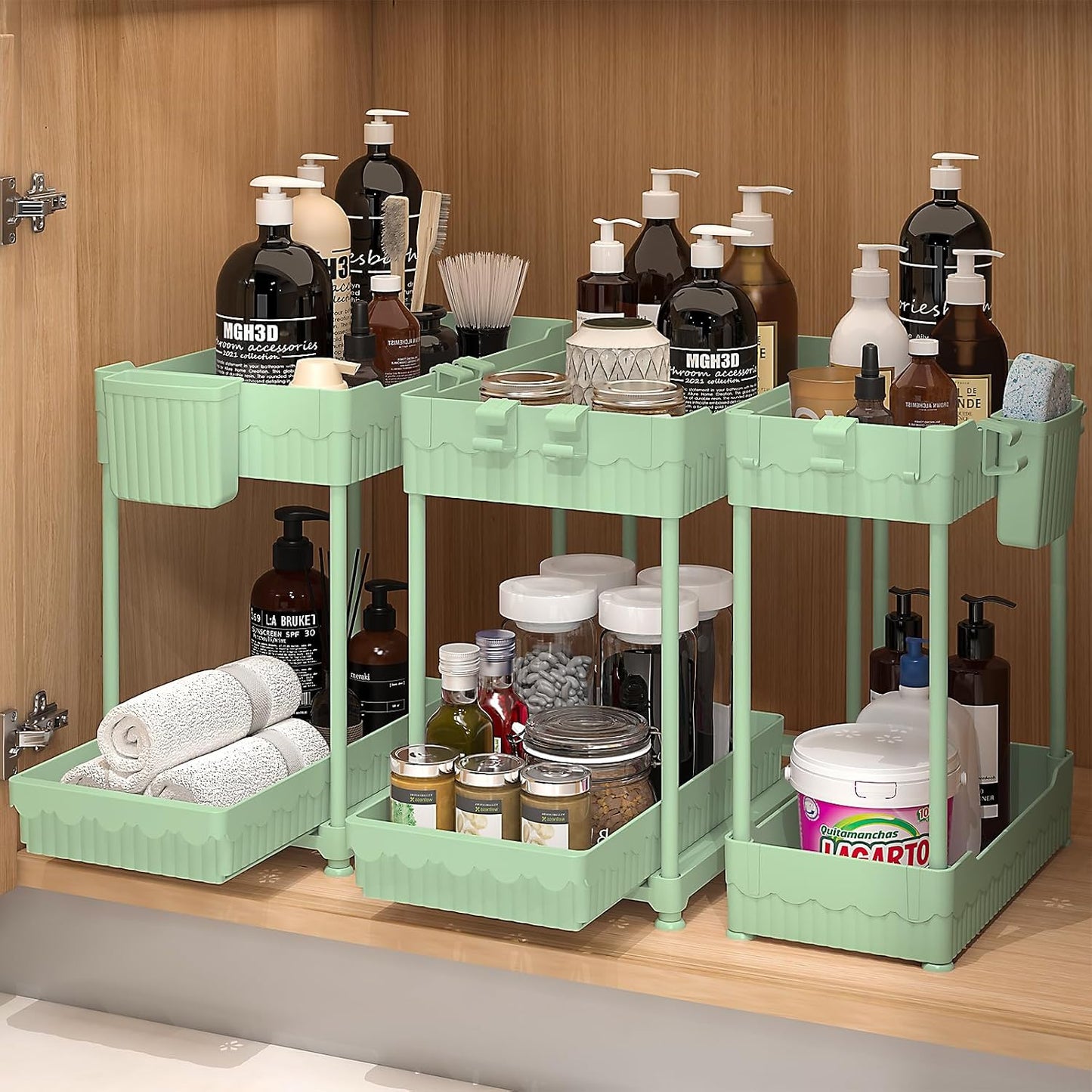 3-Pack 2-Tier Under Sink Organizers with Sliding Drawers | Multi-use kitchen & bathroom storage, 12.8 inch black cabinet organizer, space-saving sliding drawer design.