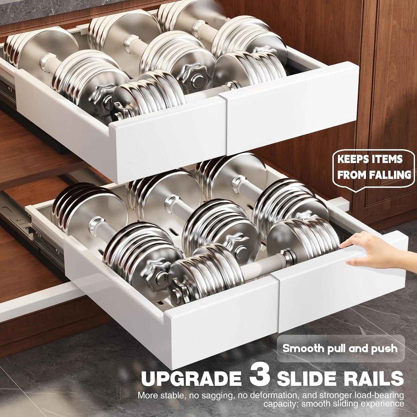 Seinloes Pull Out Cabinet Organizer,4-Side Expandable to Maximize Cabinet Space,Slide Out Drawers with 3 Rail Design,Roll Out Shelf with Raising Pad for Framed Cabinet,13"-21"W x 17"-24"D,White,2 Pack
