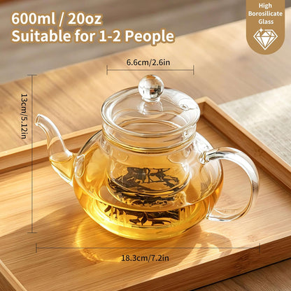 DOPUDO 40OZ (1200ML) Glass Teapot with Infuser Stovetop Safe, Clear Glass Tea Pot Kettle, Borosilicate Tea Pot with Infusers Filter for Loose Tea, Tea Kettle Dishwasher Safe.