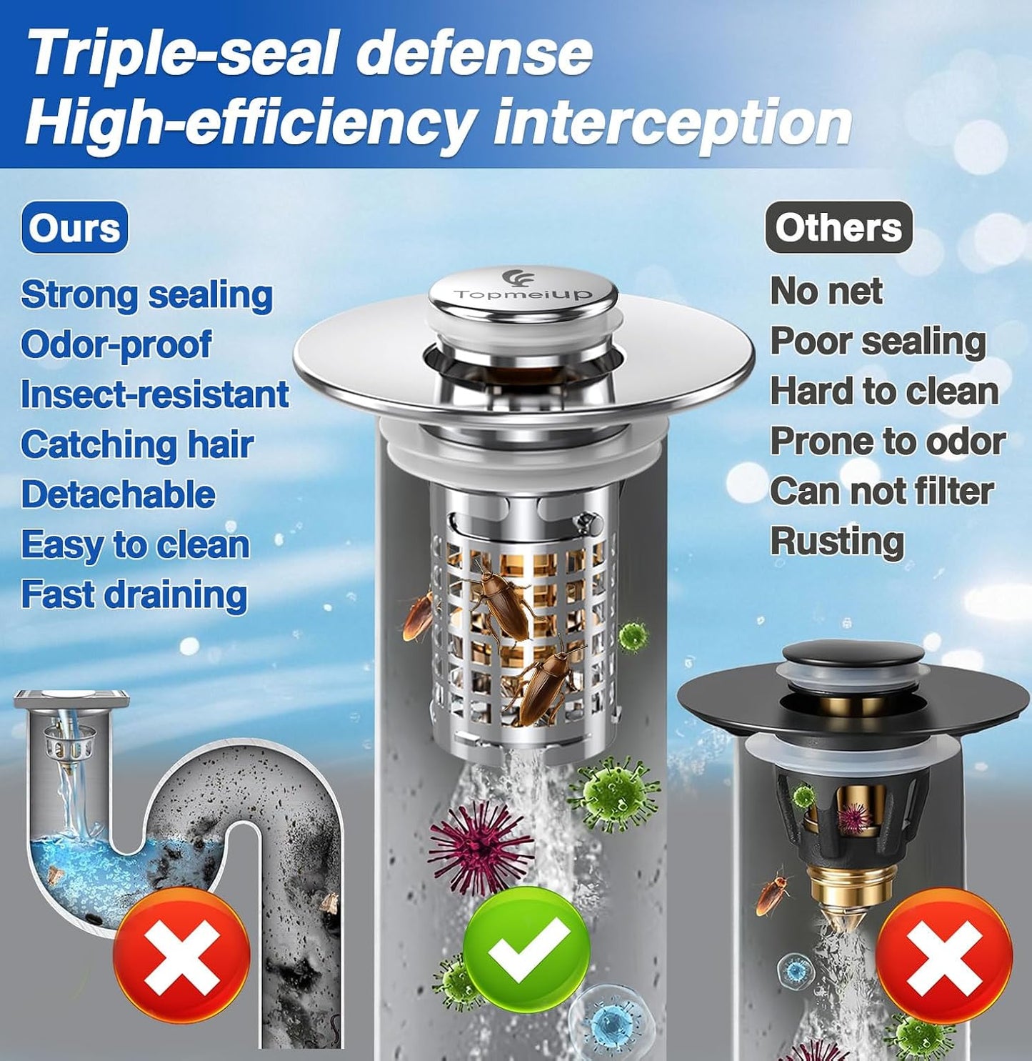 Bathroom Sink Drain Strainer, Pop-up Sink Drain Strainer with Removable Stainless Steel Strainer Basket Hair Catcher, Bathroom Sink Strainer for Bathroom Sink Stopper Replacement(1PCS)