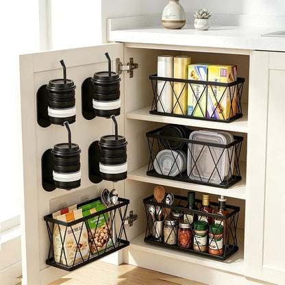 8 Pack Cabinet Door Organizer,No Drill Adhesive Metal Pot Lid Holder with 4 Storage Baskets &4 Tumbler Lid Holders,Rustproof Inside Cabinet Food Container Lid Storage Rack for Kitchen Pantry Bathroom