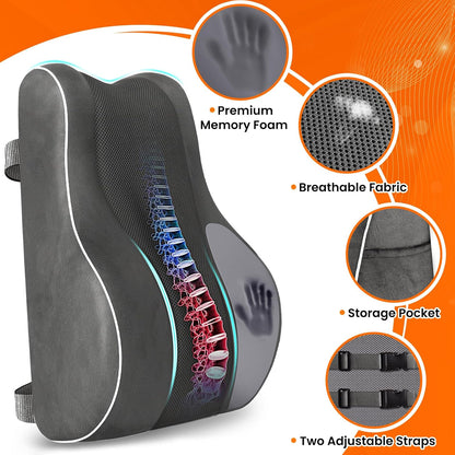CloudBliss Lumbar Support Pillow, Memory Foam for Office Chair, Black | Ergonomic High-Density Memory Foam, Adjustable Straps, Washable Mesh Cover, Lower Back Support for Office, Gaming & Car Seat