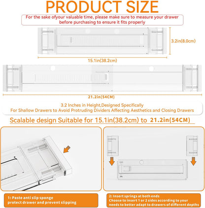 8 Pack 3.2 Inch Shallow Acrylic Drawer Dividers for Clothes -Expandable from 15-21''- Adjustable Drawer Dividers for Baby Clothing,Sock,Underwear,Clear in Drawer Separators for Dresser,Kitchen