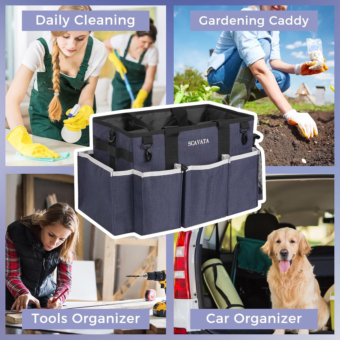 SCAVATA Wearable Cleaning Caddy Bag, Cleaning Caddy Supplies Organizer with Handle & Shoulder Straps for Housekeepers, Under Sink & Car Cleaning Tool Organizers with 4 Foldable Divider (Lake Blue)