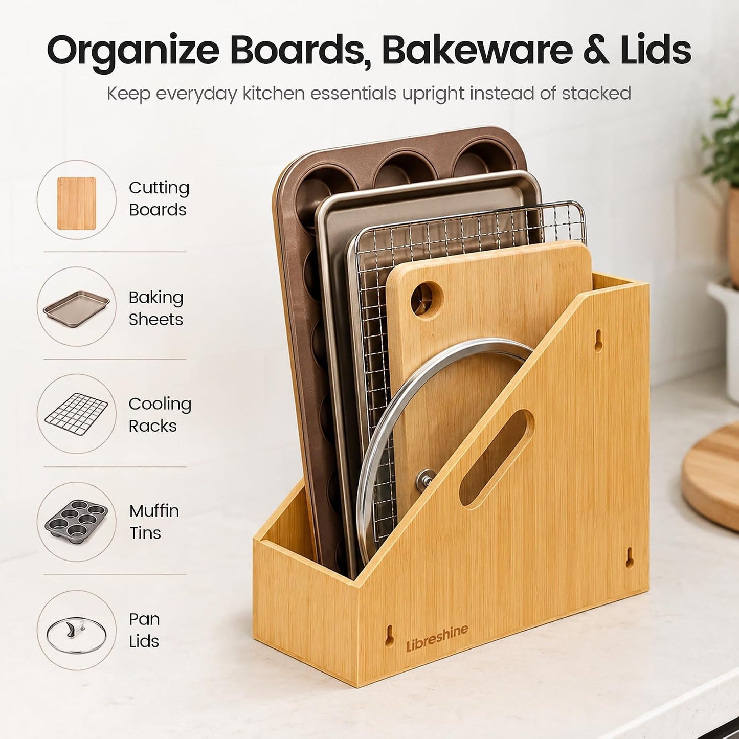 Slim Bamboo Cutting Board Holder & Baking Sheet Organizer | Open-front design keeps small to medium boards and bakeware upright; size: 12.6 x 4.9 x 10.5 in. Measure before purchase