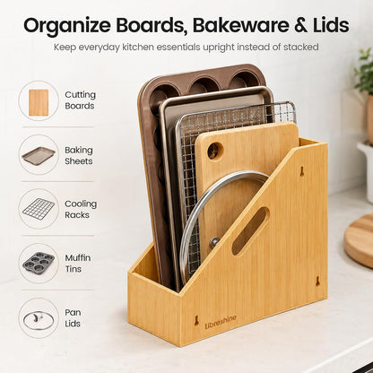 Slim Bamboo Cutting Board Holder & Baking Sheet Organizer | Open-front design keeps small to medium boards and bakeware upright; size: 12.6 x 4.9 x 10.5 in. Measure before purchase