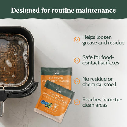 Roobi Air Fryer Cleaner, 6 Powder Sachets + Brush | Deep Cleans Drawer, Basket & Grill Without Scrubbing, Coating-Safe, Food-Contact Safe, Organic