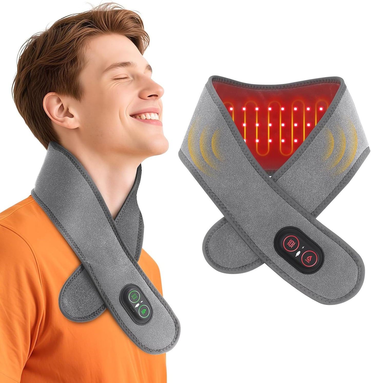 Cordless Neck Heating Pad for Pain, Neck Massager with 660nm 850nm Red Light, Heated Neck Wrap with 3000mAh Rechargeable, 3 Levels Heat & Massage, Gray