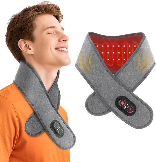 Cordless Neck Heating Pad for Pain, Neck Massager with 660nm 850nm Red Light, Heated Neck Wrap with 3000mAh Rechargeable, 3 Levels Heat & Massage, Gray