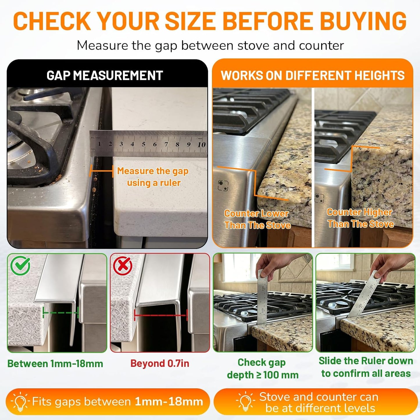 Stainless Steel Stove Gap Covers,Stove Gap Filler, Range Trim Kit, Stove Gap Guards, Heat Resistant and Easy to Clean, Easy retractable Length 13.8" to 27.5", Width 0.79",Black(2PCS)