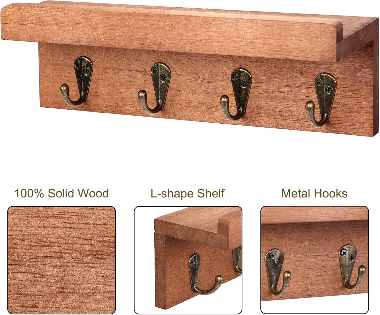 HRONRAD Rustic Key Holder for Wall, Farmhouse Wall Shelf with 4 Hooks, Wall Mounted Key Racks, Wooden Mail Organizer with Hooks for Entryway (Brown - Pine)