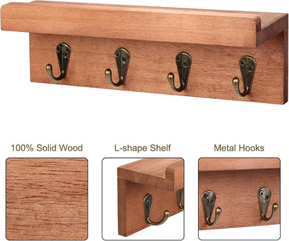 HRONRAD Rustic Key Holder for Wall, Farmhouse Wall Shelf with 4 Hooks, Wall Mounted Key Racks, Wooden Mail Organizer with Hooks for Entryway (Brown - Pine)