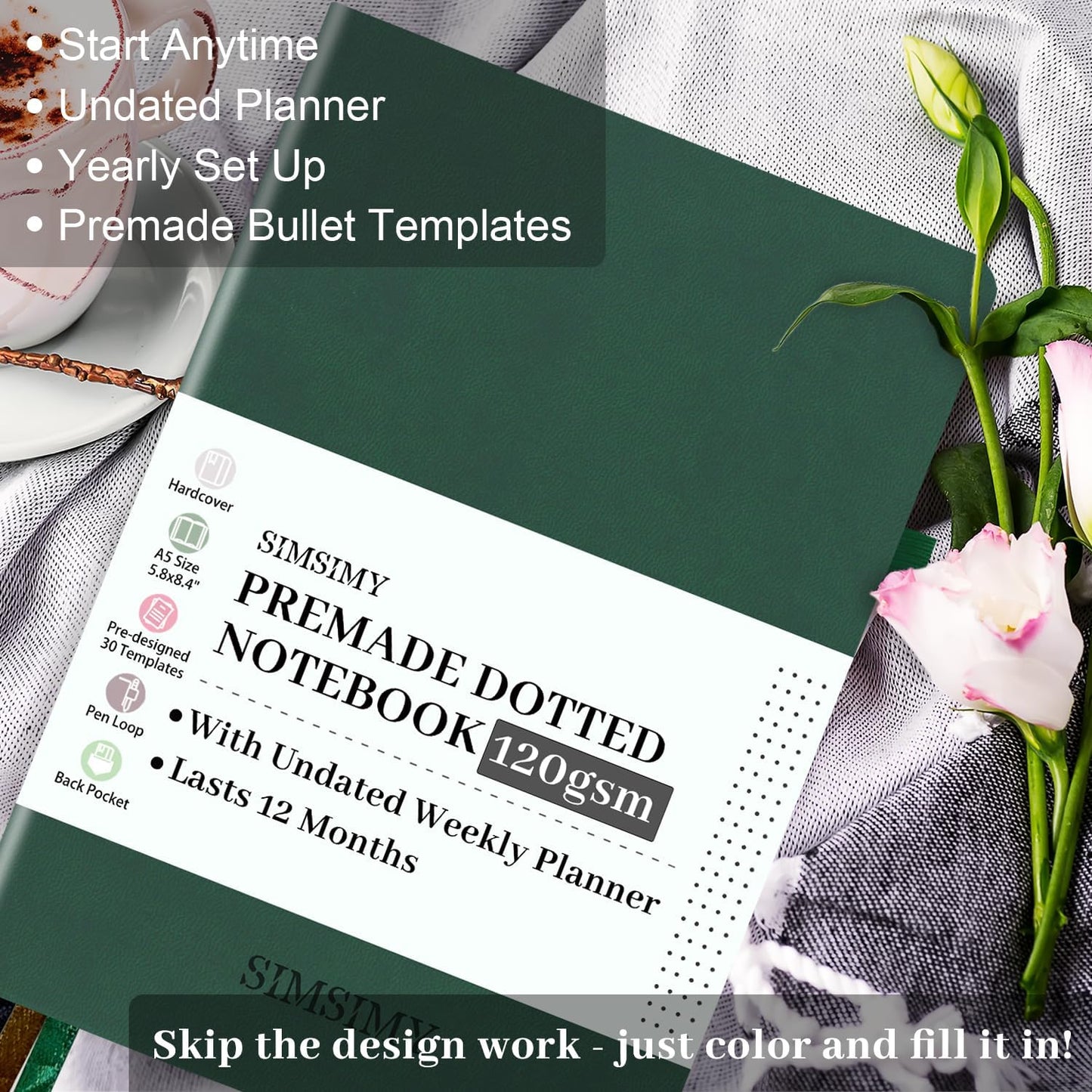 Premade Dotted Journal Notebook with Bullet Templates, Pre-made Dot Grid Journaling with Undated Weekly & Monthly Planner, Various Trackers - 12 Month Organization, A5 Hardcover