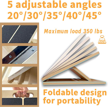 Adjustable 16.5"×12" Wooden Slant Board – 5-Angle Foldable Calf Stretcher & Squat Wedge for Home-Gym, Portable Incline Board for Physical Therapy Rehab Pilates, Ankle Knee Heel Feet Leg, 350 lb Rated