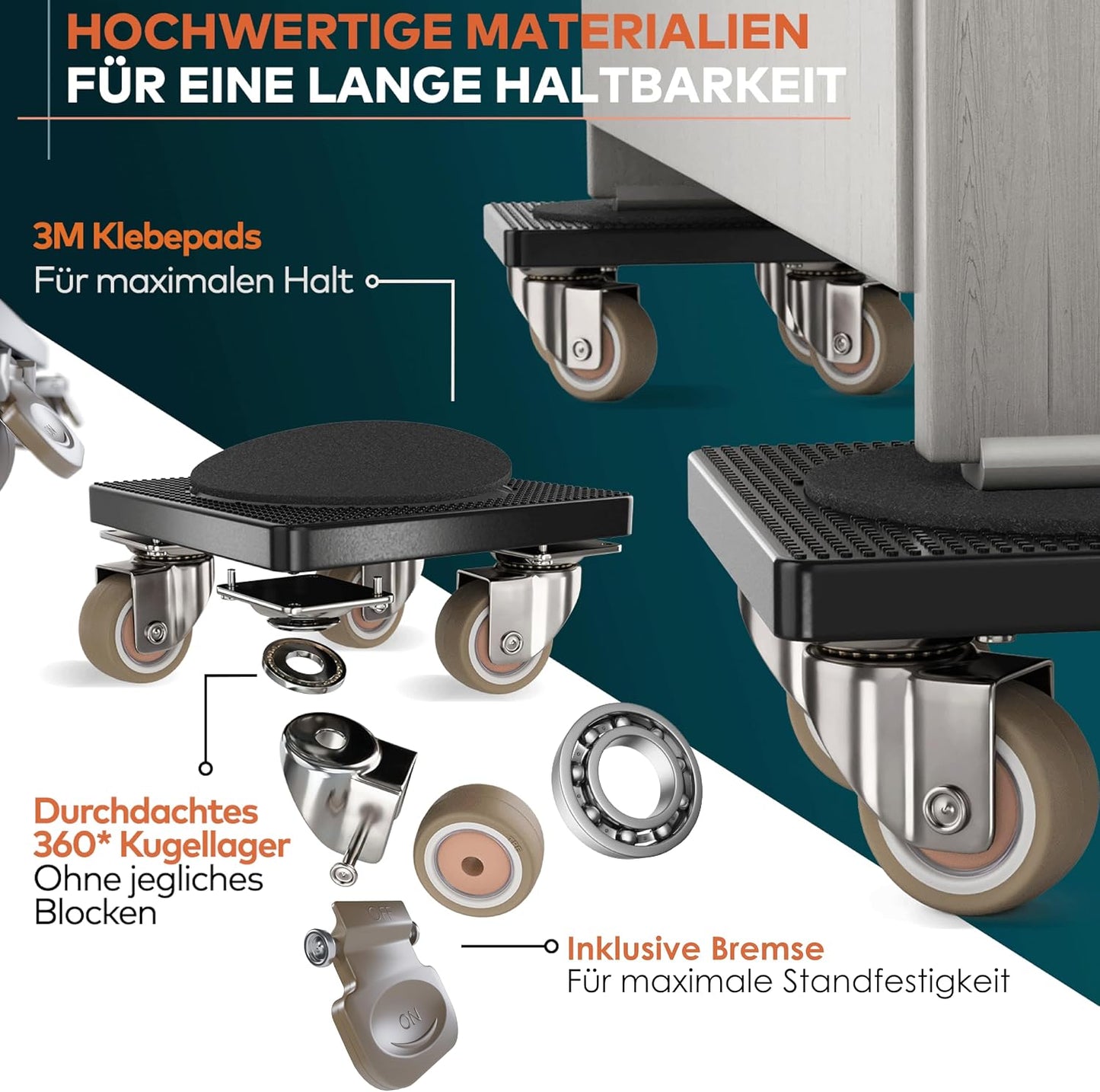 Furniture Lifter Mover Tool Set with Locking Brakes, 4 Wheeled Moving Dollies & 25.6" Lever, 440 lb Capacity, Furniture Moving Kit for Sofa, Cabinet, Bed, Washing Machine & Appliances
