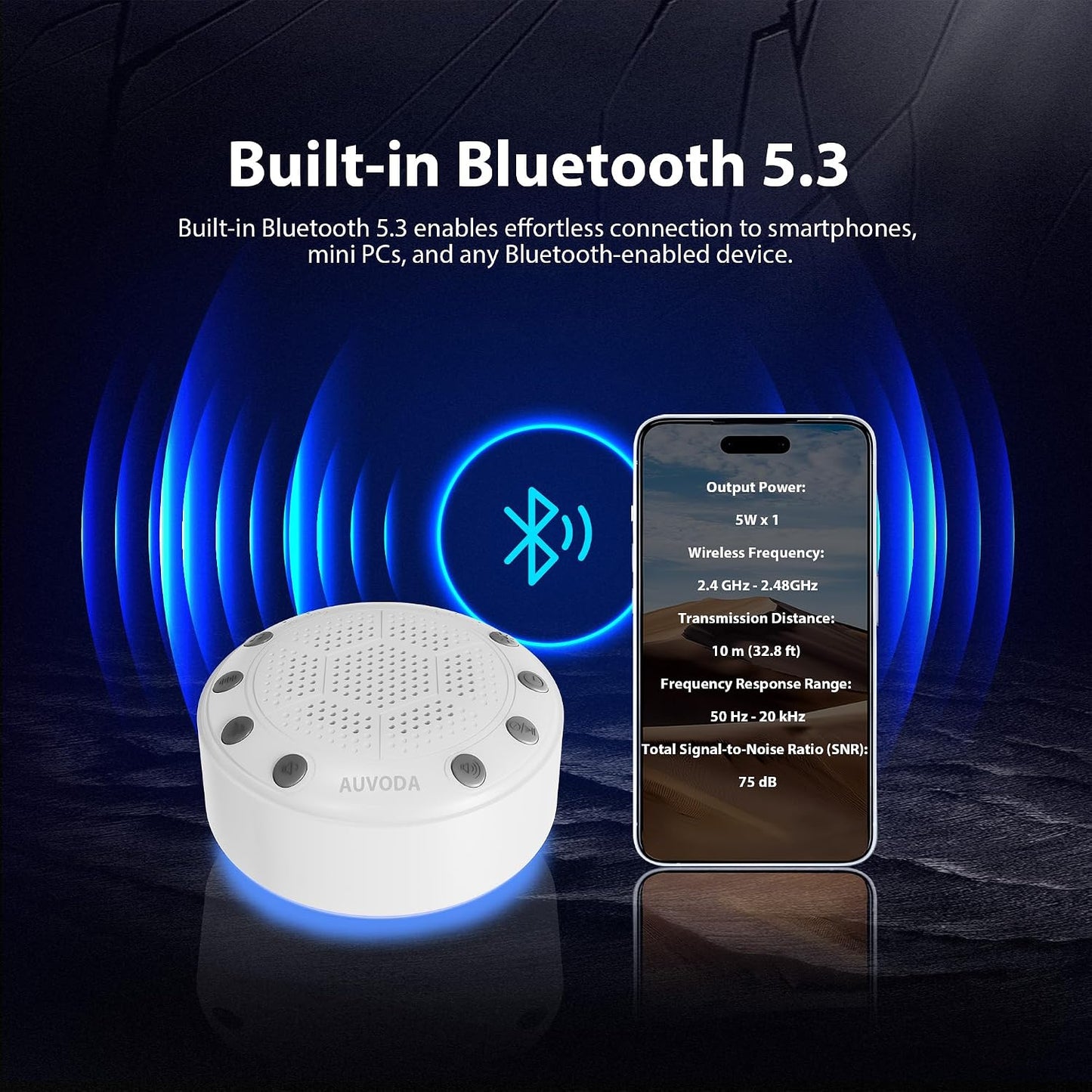 S318 White Noise Machine with 25 Non-Looping Sounds, LED Lights | Memory & Timer, BT 5.3, USB-C Rechargeable Battery, Portable, For Baby, Adults, Sleep, Travel, Home, Office