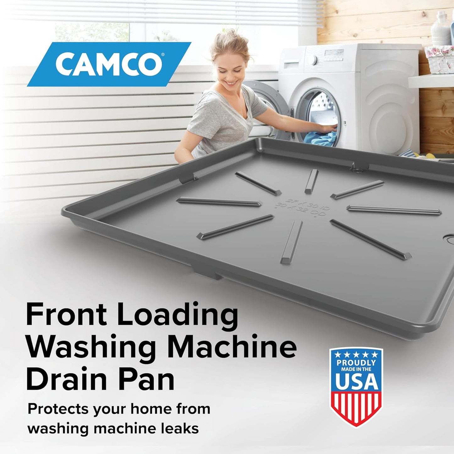 Camco Low Profile Washing Machine Drain Pan with PVC Fitting, 29 inch x 33 inch ID and 31 inch x 35 inch OD - Protects Your Floors from Washing Machine Leaks - Easy to Use - Pewter - 20788
