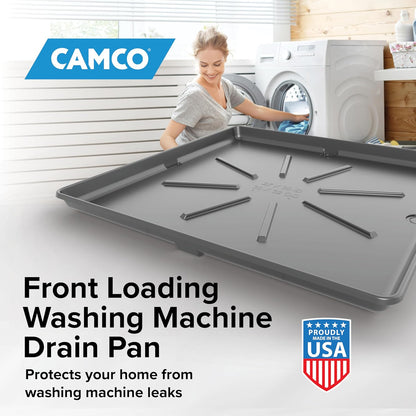 Camco Low Profile Washing Machine Drain Pan with PVC Fitting, 29 inch x 33 inch ID and 31 inch x 35 inch OD - Protects Your Floors from Washing Machine Leaks - Easy to Use - Pewter - 20788