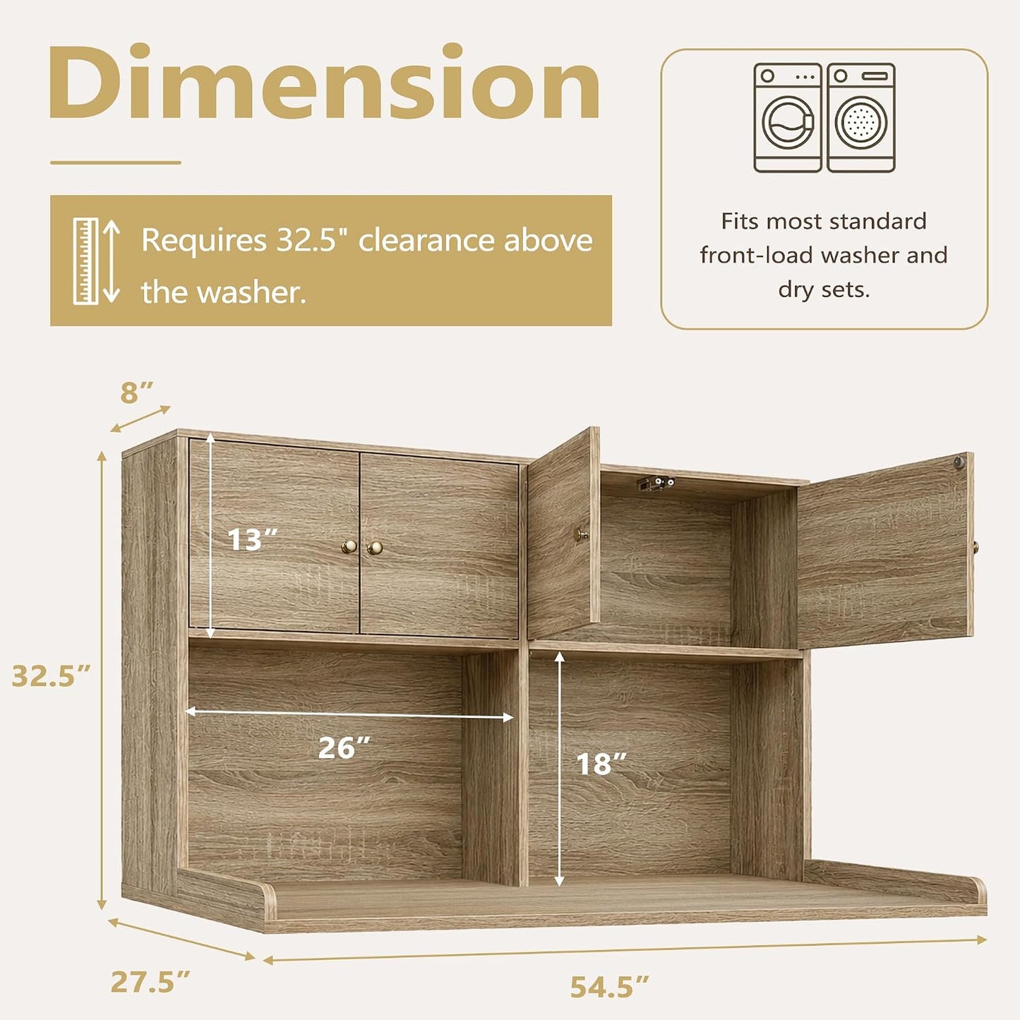 Washer Dryer Countertop with Cabinets, 2-Tier Laundry Countertop with Shelf | Washer and Dryer Topper with Edge, Over Washer and Dryer Shelves for Laundry Room, Universal Fit, 54.5"Wx27.5"Dx32.5"H