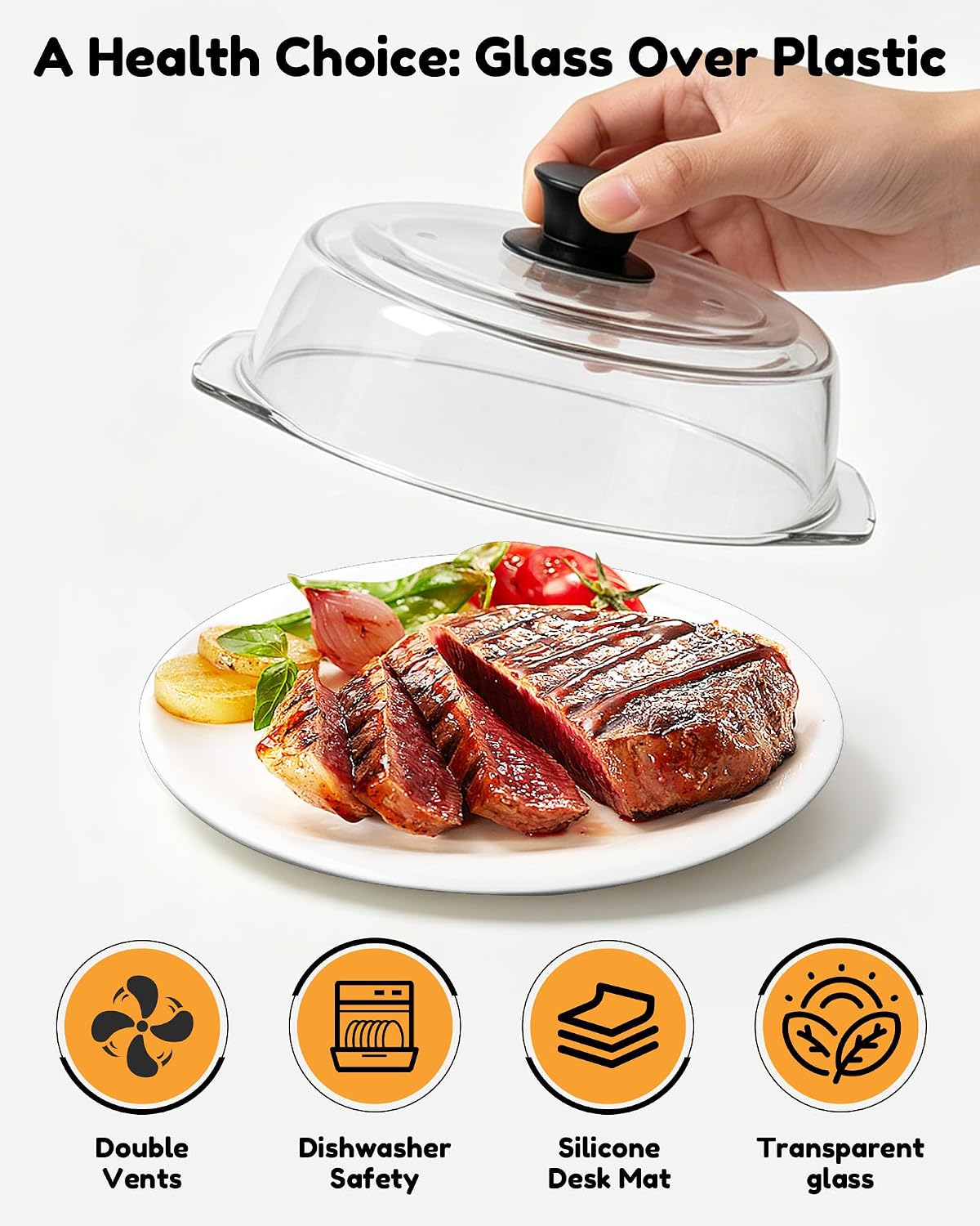 Tall Glass Microwave Splatter Cover for Food & Microwave Place Mat,2 in 1,Sturdy clear 100% food safe BPA free glass lid with easy grip silicone handle，Dishwasher safe for easy cleaning