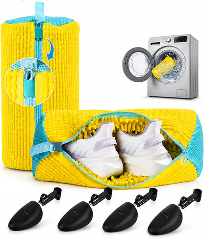 (2-Pack) Shoe Washing Machine Bag with 4 Shoe Trees, Sneaker Laundry Bags for Washer & Dryer, 360° Protective Mesh Shoe Cleaning Bag with Self-Locking Zipper and Safely Wash Shoes in Washing Machine.