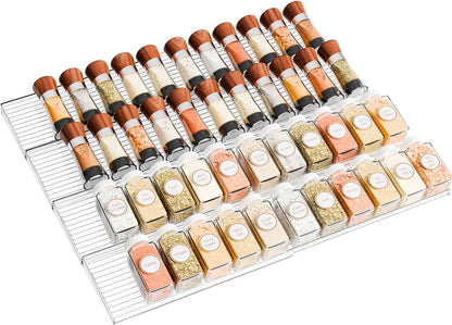4 Pack Adjustable Narrow Spice Rack for Drawer - Expandable From 9" to 17.7" - Acrylic Drawer Seasoning Organizer,Tiered Clear Spice Tray for Spices,Condiment,Nail Polish and Jar Organization