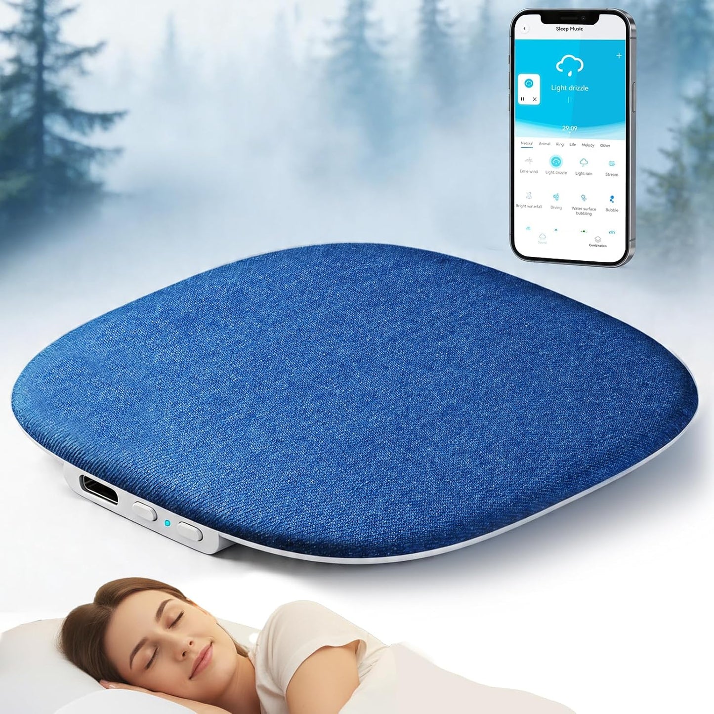 Pillow Speaker, Under Pillow Mellow Sleep Speakers Bluetooth White Noise Machine for Sleeping Side Sleepers, Flat Sleeper with Smart APP Built-in Sleep Music, Gifts for Adults Teens (Blue)