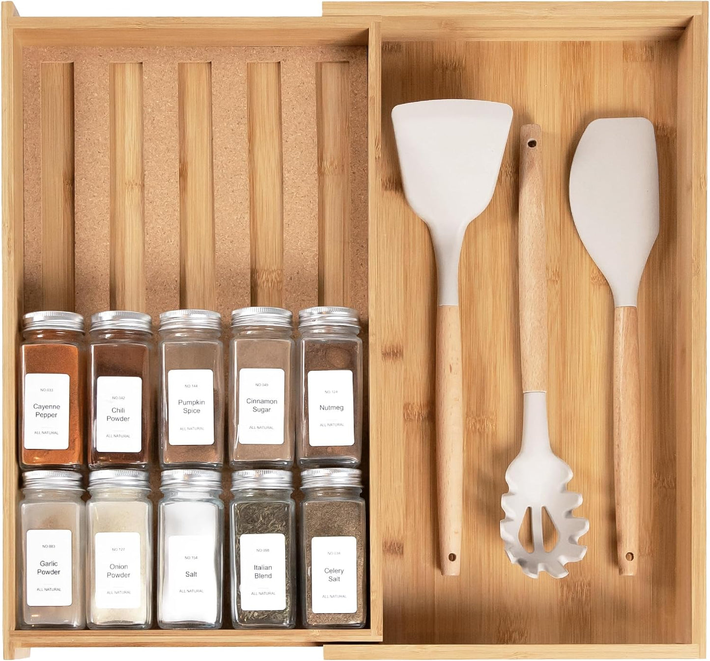 Expandable Spice Drawer Organizer, Bamboo | Holds up to 15 spice jars (not included), non-slip feet, 100% sustainable bamboo wood