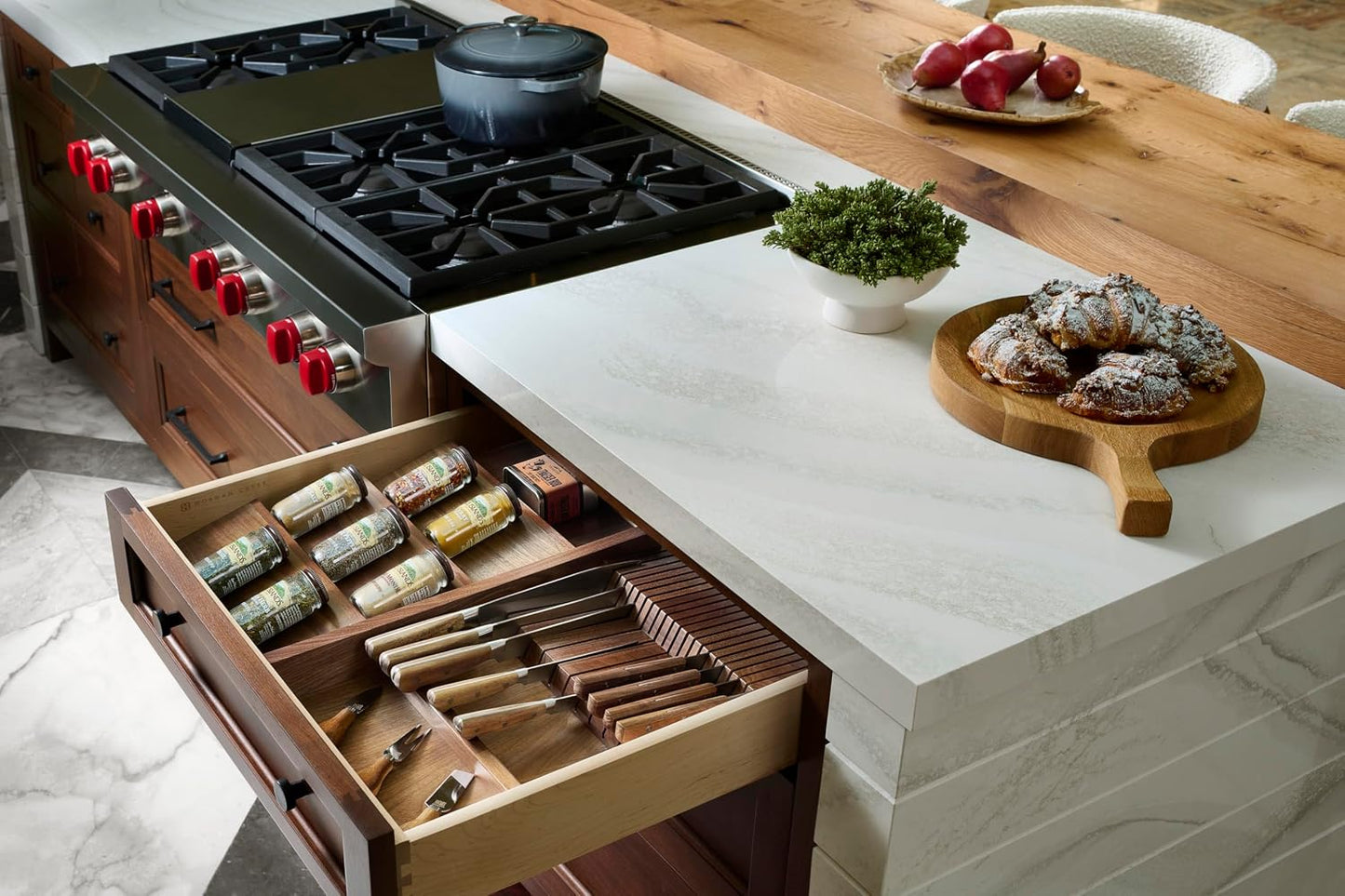 Rev-A-Shelf Trim-to-Fit Knife Block Drawer Insert Organizer with Separate Compartment for Kitchen Utensils, 55 Slot Storage Tray, Walnut, 4WDKB-WN-1