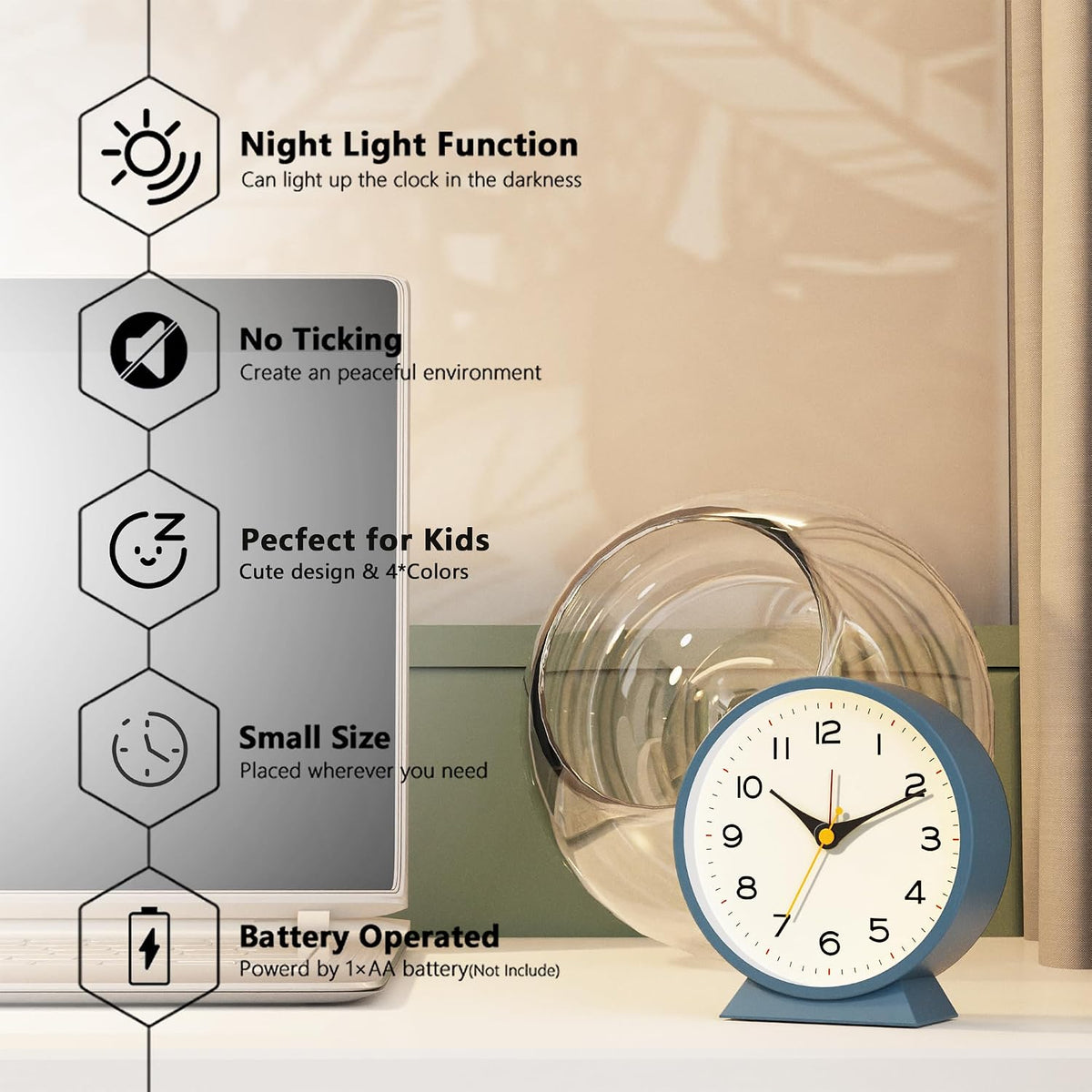 AYRELY® 4.5" Analog Alarm Clock, Small Retro Desk Clock and Table Clock