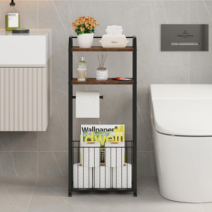 HapiRm Freestanding Toilet Paper Holder - 4-Tier Bathroom Tissue Organizer with Wood Shelves and Large Basket, Toilet Paper Holder Stand for Bathroom, Laundry Room, Apartment - Black（Large）